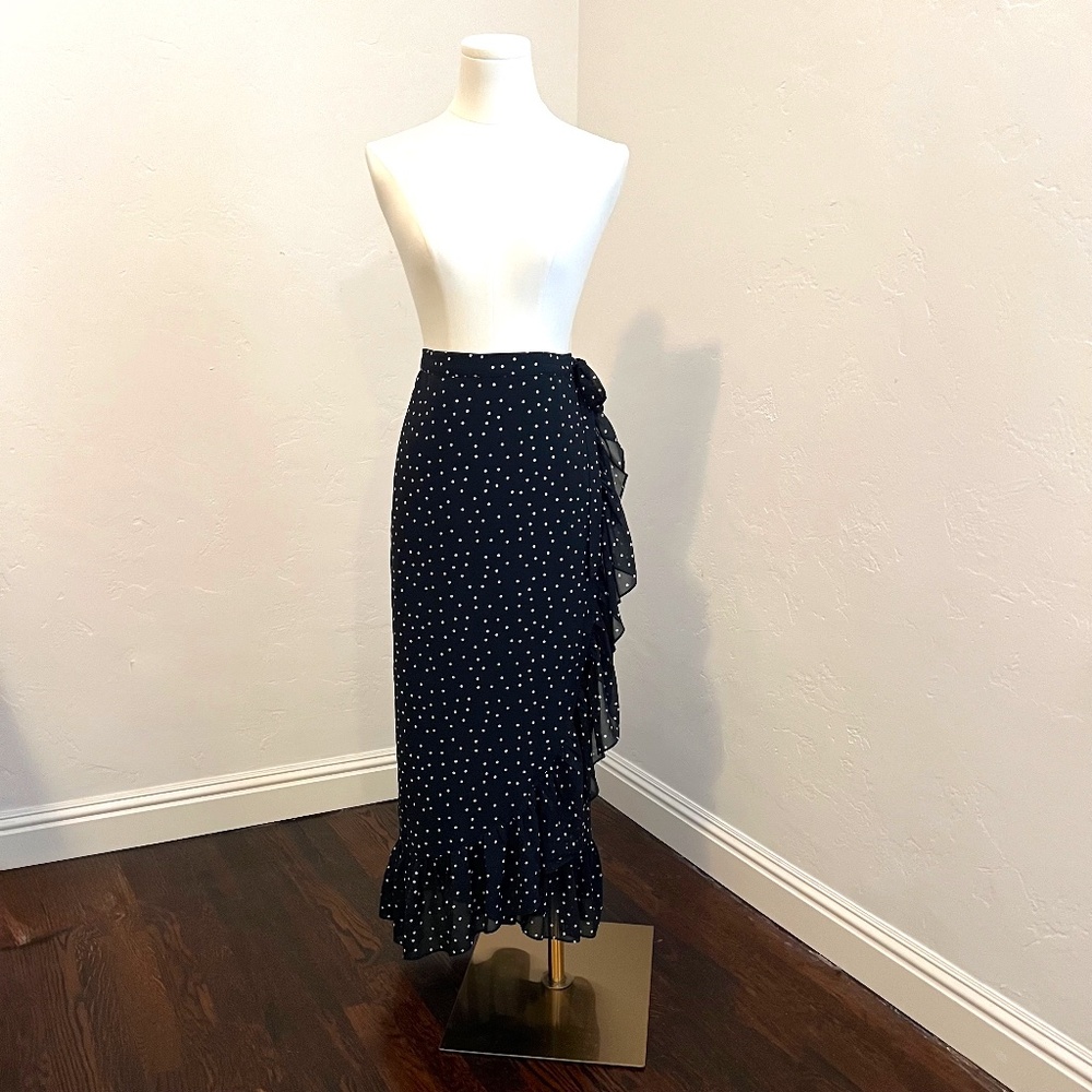 Navy Blue Wrap Midi Skirt with Polkadots, Ruffle Hem, Romantic, Women's Med